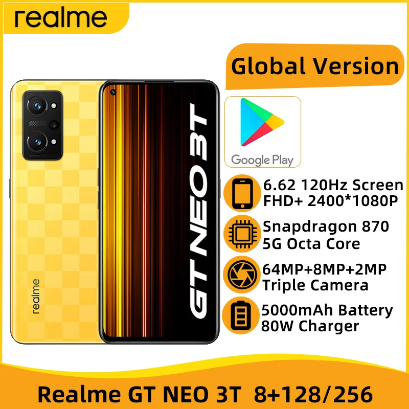 

Global Version Realme GT NEO 3T 5G Smartphone Snapdragon 870 6.62" Inch 120Hz Screen 80W SuperDart Charger 5000mAh Mobile phone