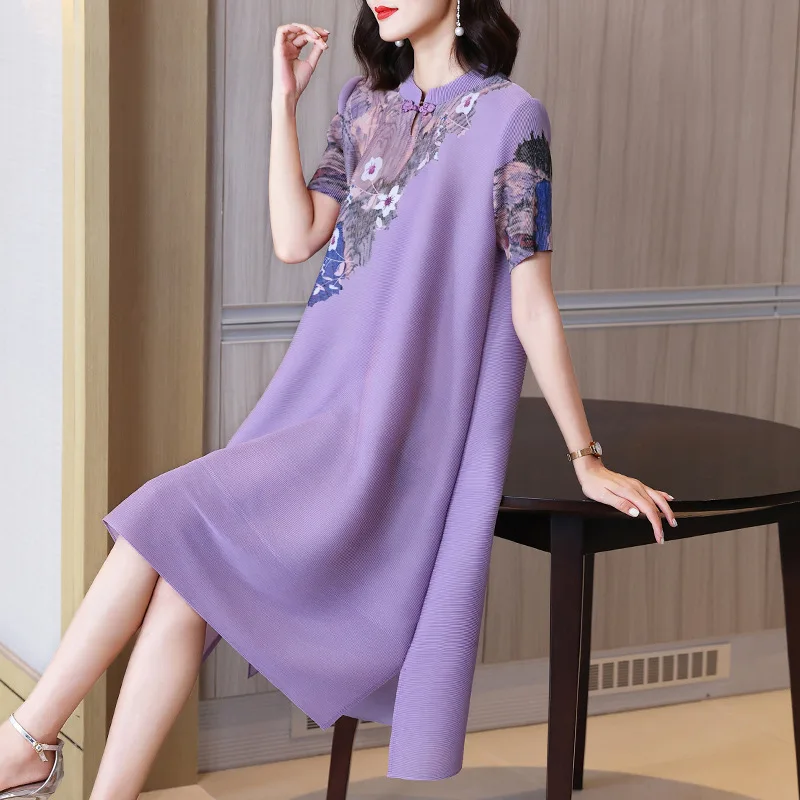 

Miyake Pleated Dress for Women 2022 Summer Improved Cheongsam Mother's Clothing Plump Girls Plus Size Short Sleeve Y2k Dress