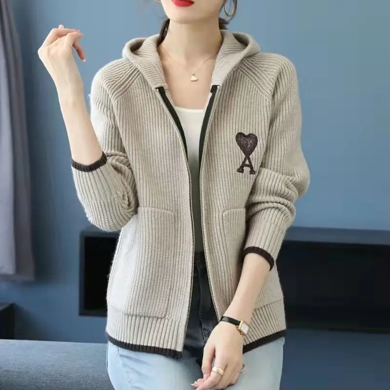 

Women 2023 New Knitted Cardigan Sweater Hooded Coat Zipper Embroidered Coat Fashion Clothes Tide Make Someone Look Slimmer