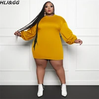 hljgg plus size women clothing xl 5xl casual solid color round neck long sleeve mini dresses female streetwear dress vestidos
