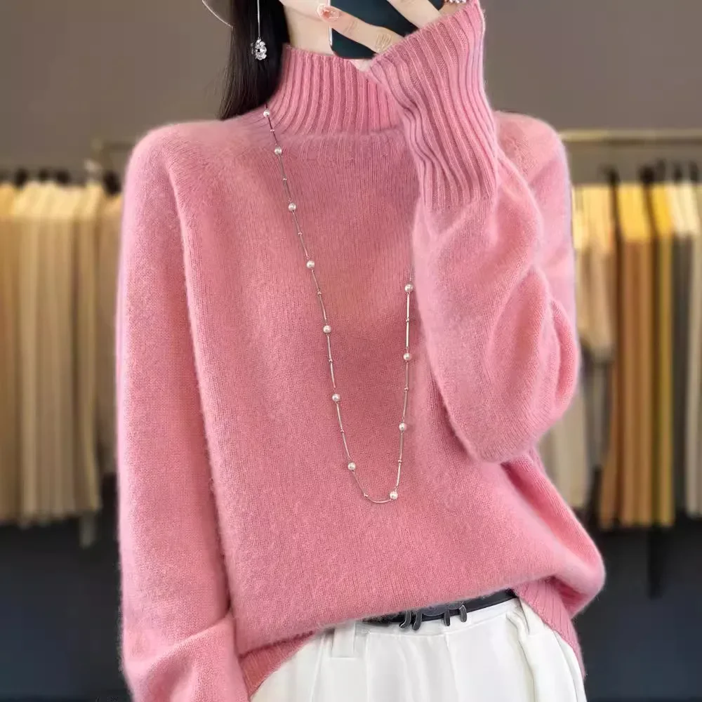 Женский вязаный топ из 100% шерсти пуловер с полуполо/черепаховым воротником