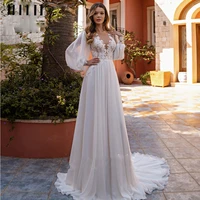 modest a line v neck tulle wedding dress 2022 elegant appliques button bridal gown women puff sleeve vestido de novia