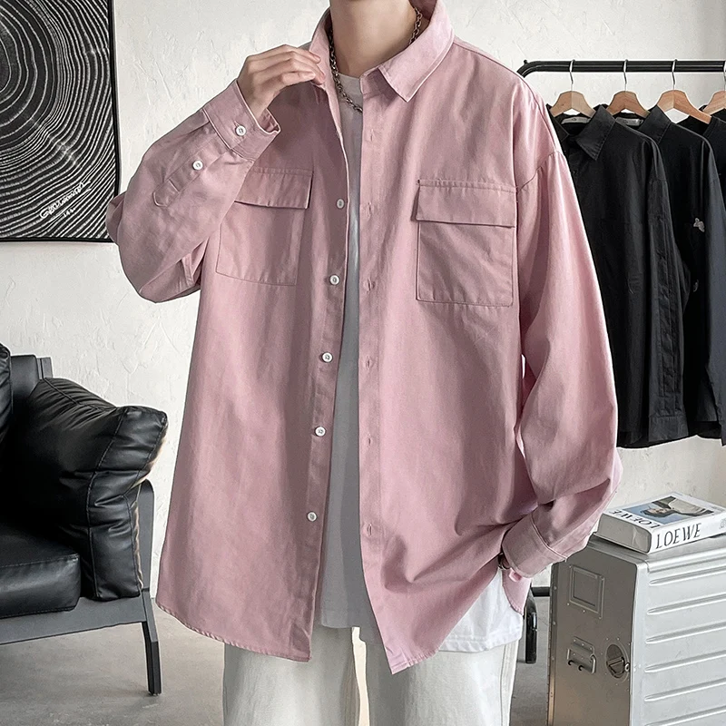 EOENKKY/Men Preppy Trendy Solid Shirt Mens Spring Autumn Streetwear Shirts Male Long Sleeve Oversize Casual Loose Outerwear