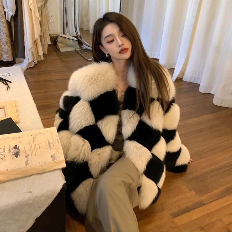 RosEvans Simple Women New Plaid Real Fox Fur Warm Coat Luxury Thick Fur Jacket Casual Streetwear Fashion Outerwear Female Winter
