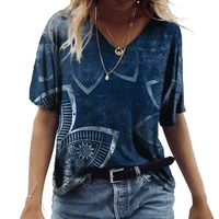 geometric print short sleeve boho t shirts women new fashion oversized top ladies v neck summer clothes loose casual tees