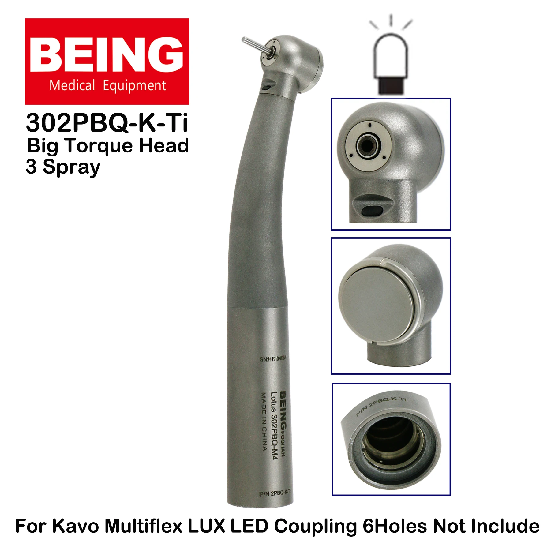 BEING Dental LED Fiber Optic High Speed Big Torque Head Air Turbine Handpiece 302PBQ-K Ti Fit KAVO MULTIflex Coupling 6Holes