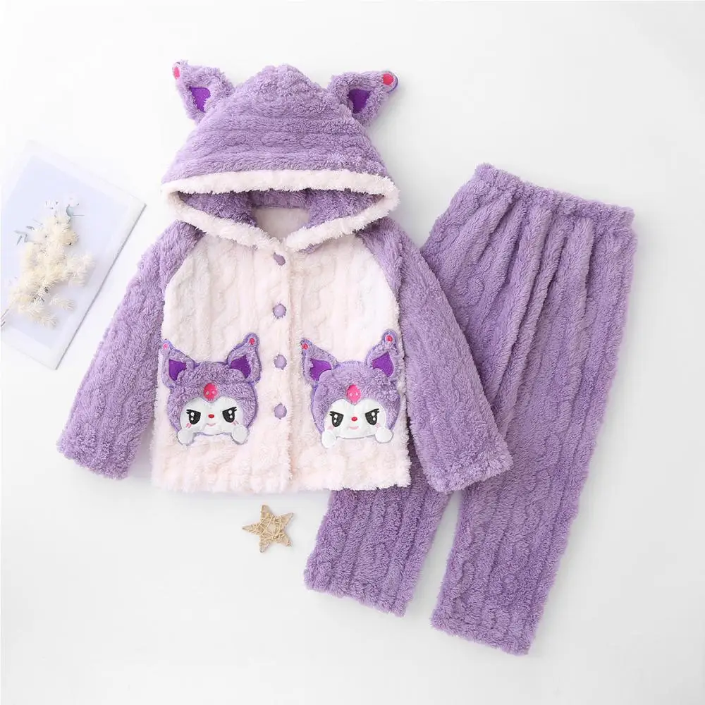 

2023 Kawaii Sanrioed Kuromi My Melody Cinnamoroll Children Pajamas Set Anime Girl Flannel Sleepwear Winter Kids Homewear Clothes