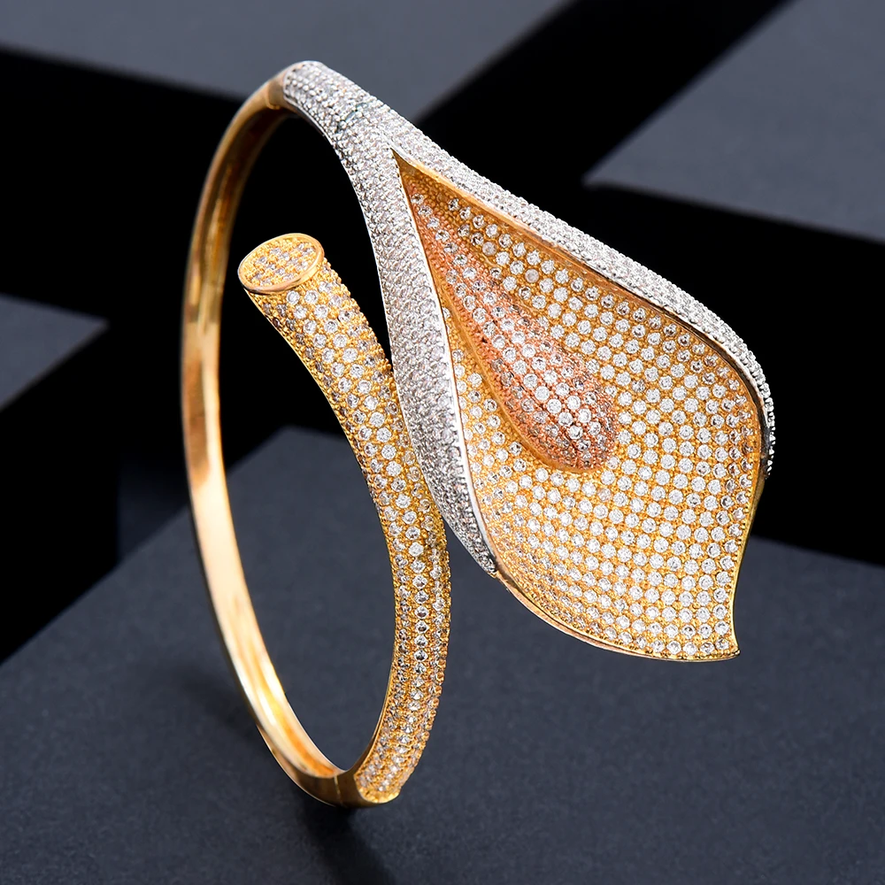 

Blachette Original Design Flower Bangle For Women Dubai Jewelry Bridal Wedding Full Cubic Zircon Luxury Exquisite Bracelet Party