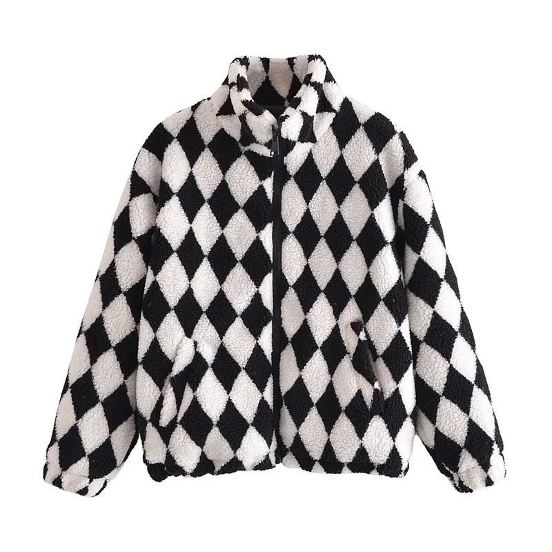 

2021 Autumn and Winter Women's Street Personality Diamond Contrast Lamb Wool Coat Loose and Thin Stand-up Collar Zipper Top