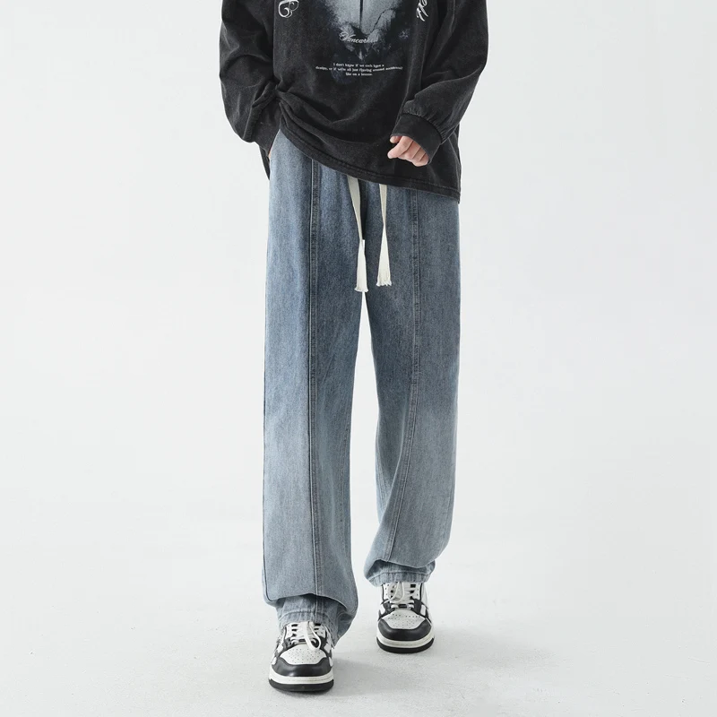 CAAYU New Korean Fashion Jeans Men's Baggy Classic Japanese Streetwear Straight-leg Denim Wide-leg Pants Male Black Gray Jeans