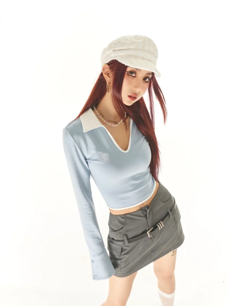 

Hikigawa Chic Fashion Women Streetwear V Neck Long Sleeve T-Shirts Spring Korean Y2k Slim Casual Cropped Tops Ropa Mujer