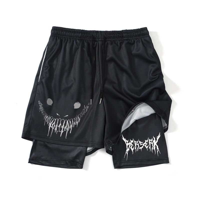 2-in-1 Performance Shorts for Men Anime Berserk Print Quick Dry Gym Shorts with Compression Liner Male Fitness Workout Jogging