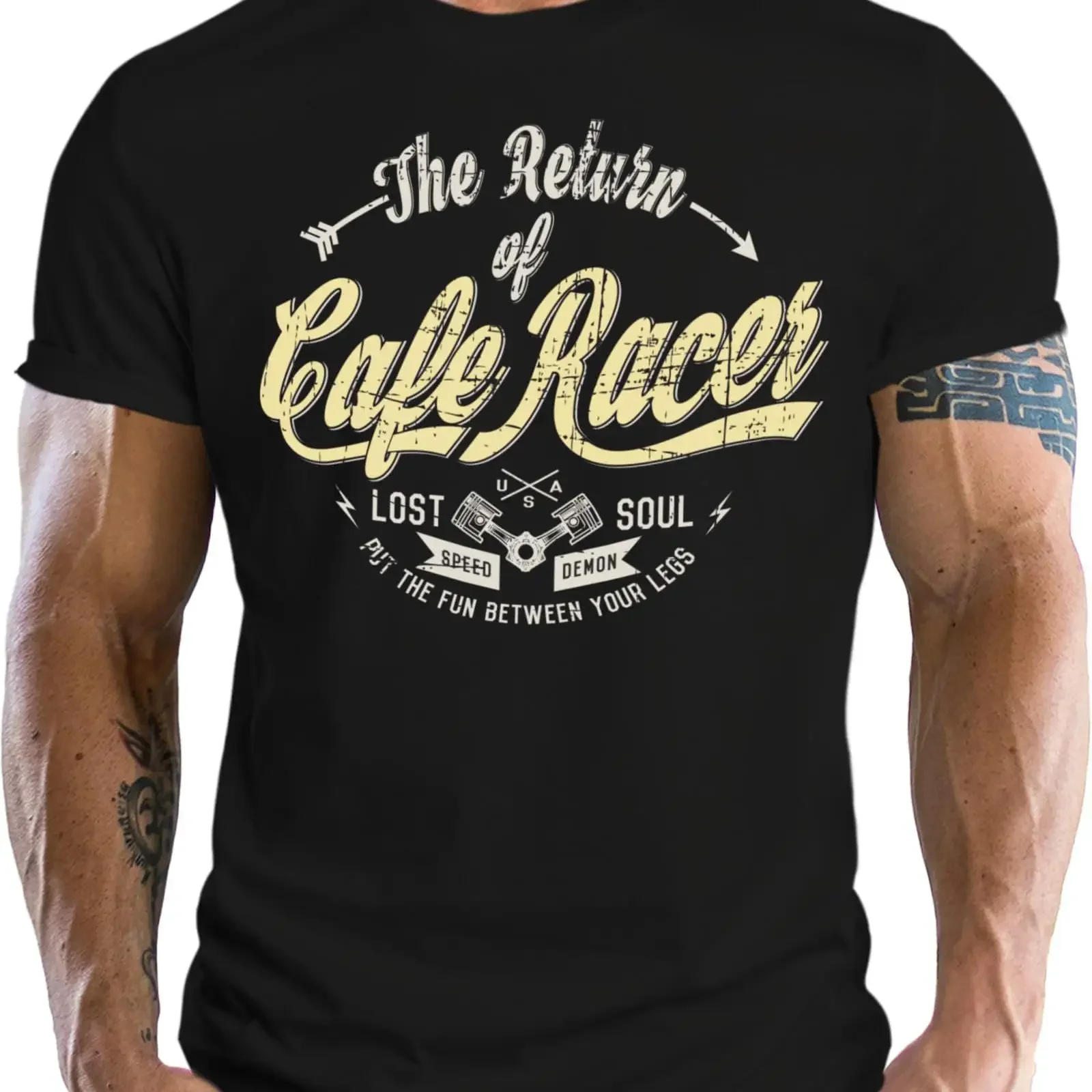 Фото Мужская футболка для классических мотоциклистов The Return of Cafe Racer, винтажная, с эффектом потертости, унисекс, мягкая, дизайнерская, с графическим принтом. №1