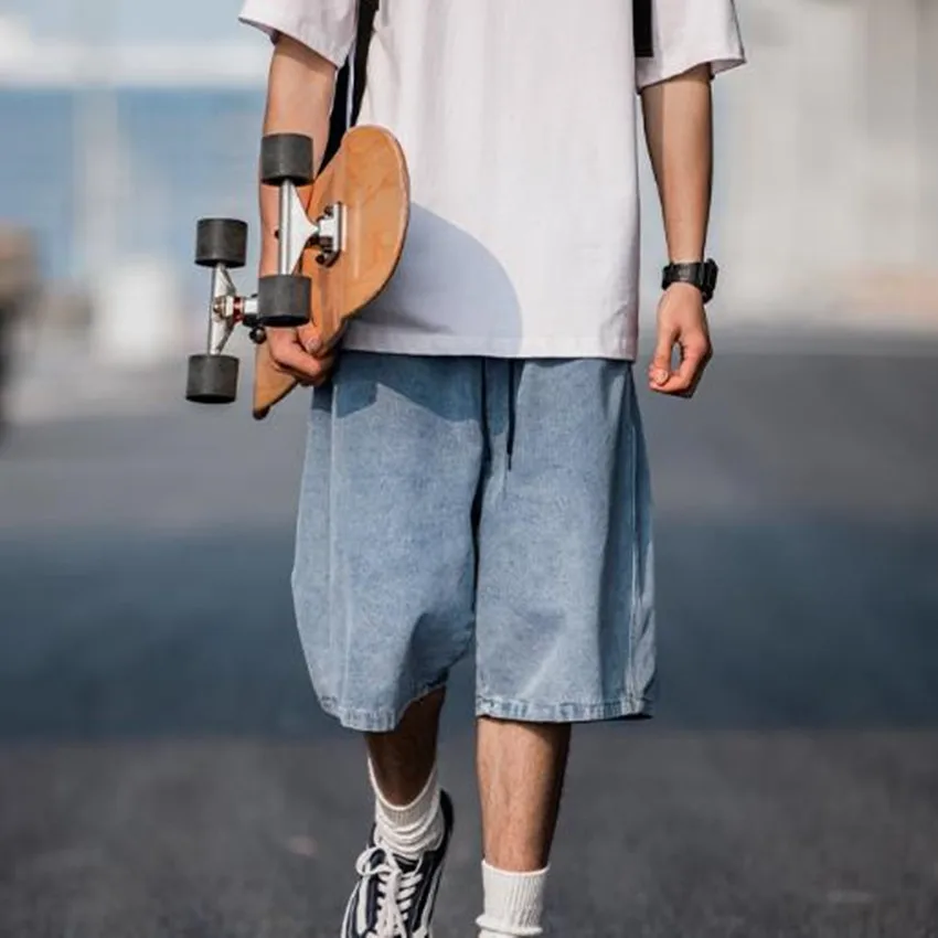 2023 Summer Men's Baggy Denim Shorts Men Oversized Hip Hop Blue Five-point Pants Summer Casual Stretch Loose Shorts