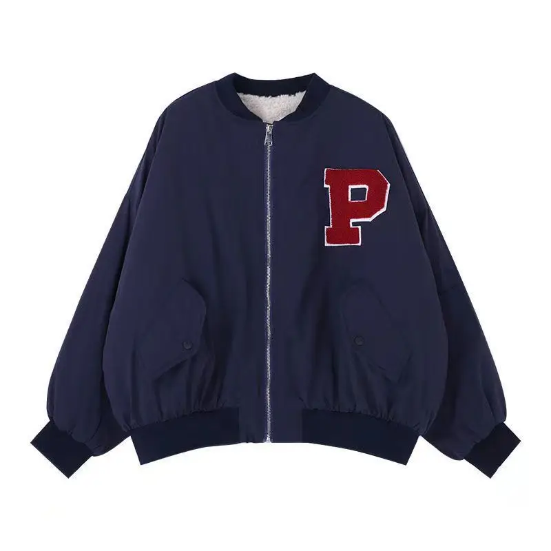 Куртка-бомбер женская оверсайз из овечьей шерсти в Корейском стиле