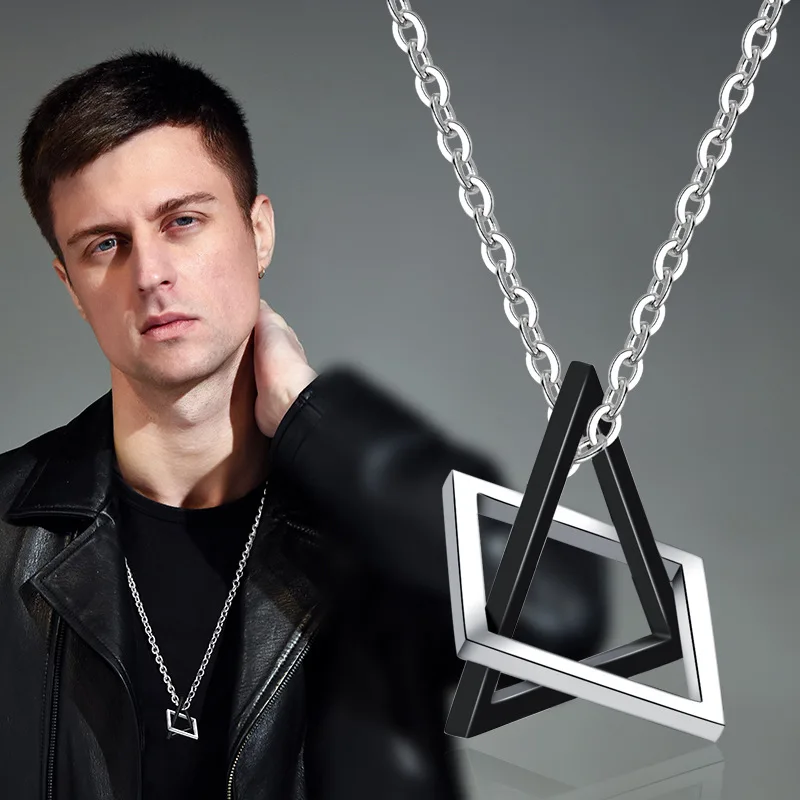 

Couples Titanium Steel Fashion Necklace Three-dimensional Square Triangle Color Pendant Hip-hop Sweater Chain Party Jewelry Gift
