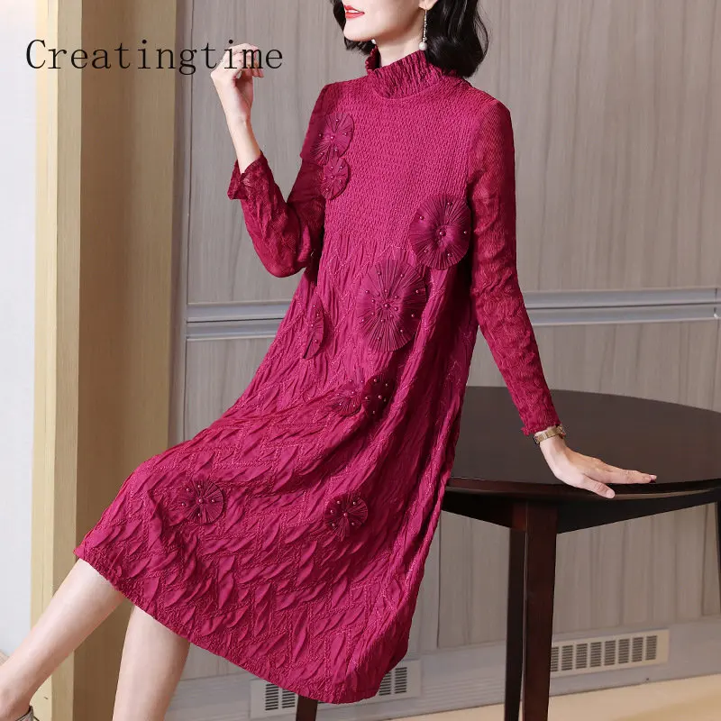 

High-end Pleated Dress Fashion Beaded Applique Womens 2023 Spring Autumn New Stand Collar Long Sleeve Loose Lining Dresses 1A390