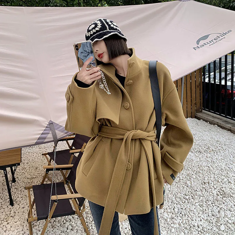 

2022 Spring Autumn Camel Short Wool-clothes Coat With Sashes Women Stand Collar Single-breasted Long Sleeve Female Woolen Jacket