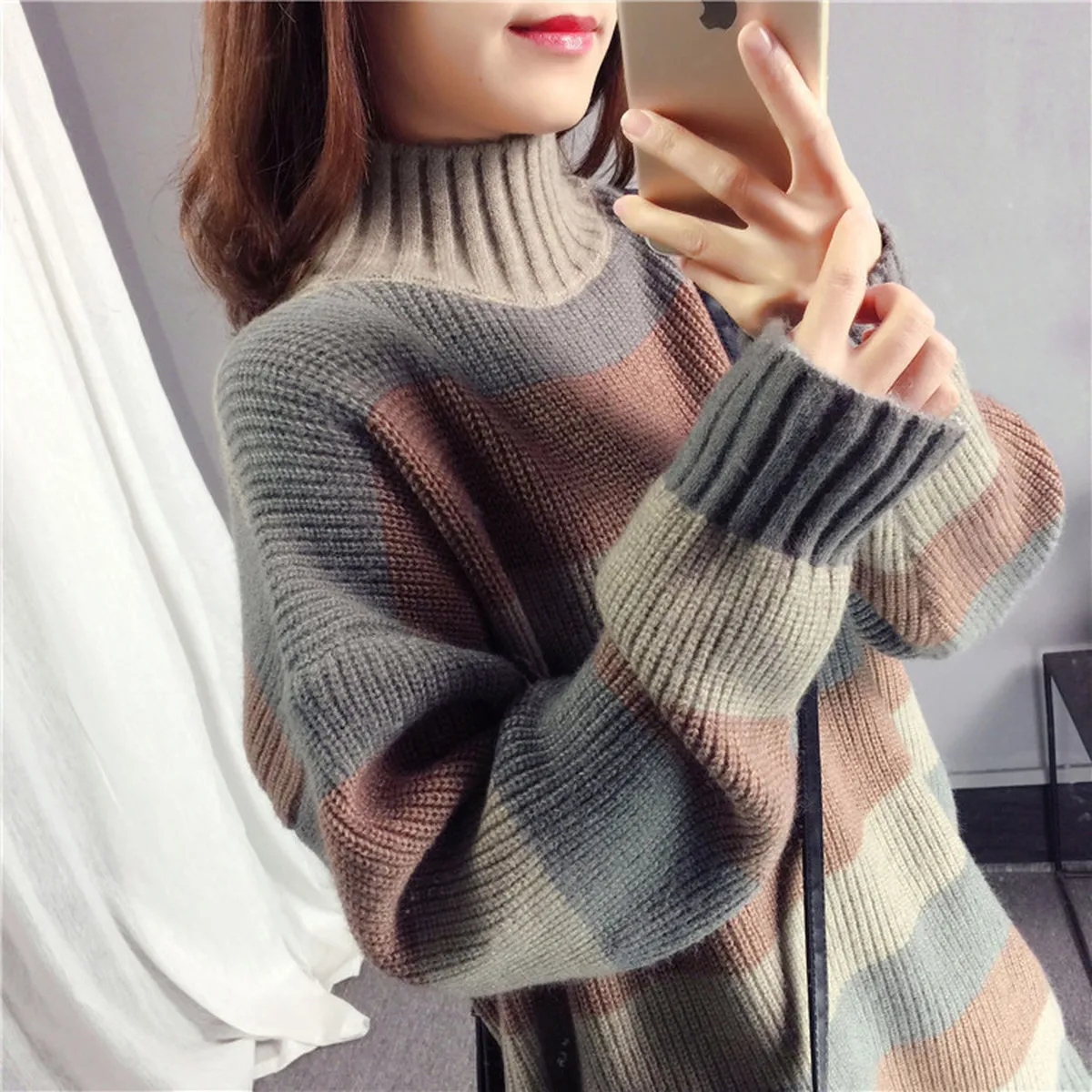 New Arrival Women Clothes Color Blocked Half High Neck Nnitting Pullover Sweater New Loose  Wide Stripe Women Clothes Top
