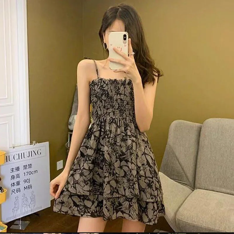 

Sexy Women French Style Spaghetti Strap Dress Sleeveless Suit Summer Black Cape Tops Elegant Floral Print Party Beach Officewear