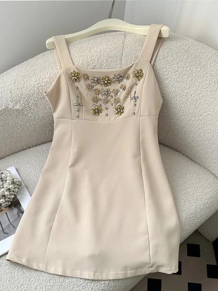 

SMTHMA French Design High-End Spaghetti Strap Summer Dress Women Handmade Beads A-Line Runway Dress Vestidos Female Clothing