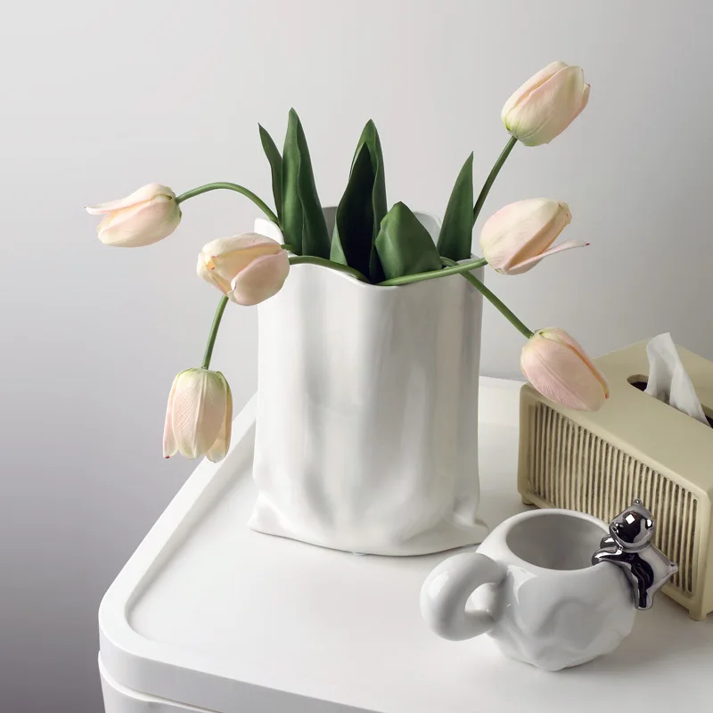 

Nordic Morandi Ceramic Bag Vase Living Room Dry Artificial Flower Vase Ornament Modern Home Tabletop Decor Hotel Decoration Vase