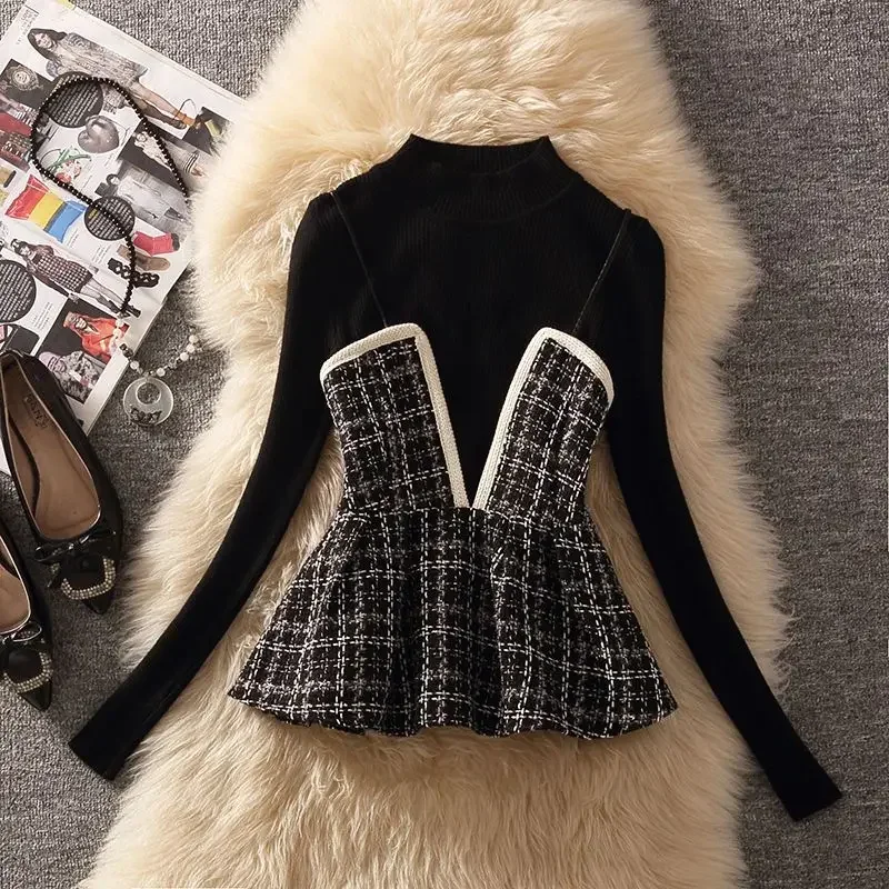 

Fall Winter Women's Two-Piece Set Wear Fashion Slim Fit Simple Tweed Camisole Half Turtleneck Sweaters Female All-match Sets