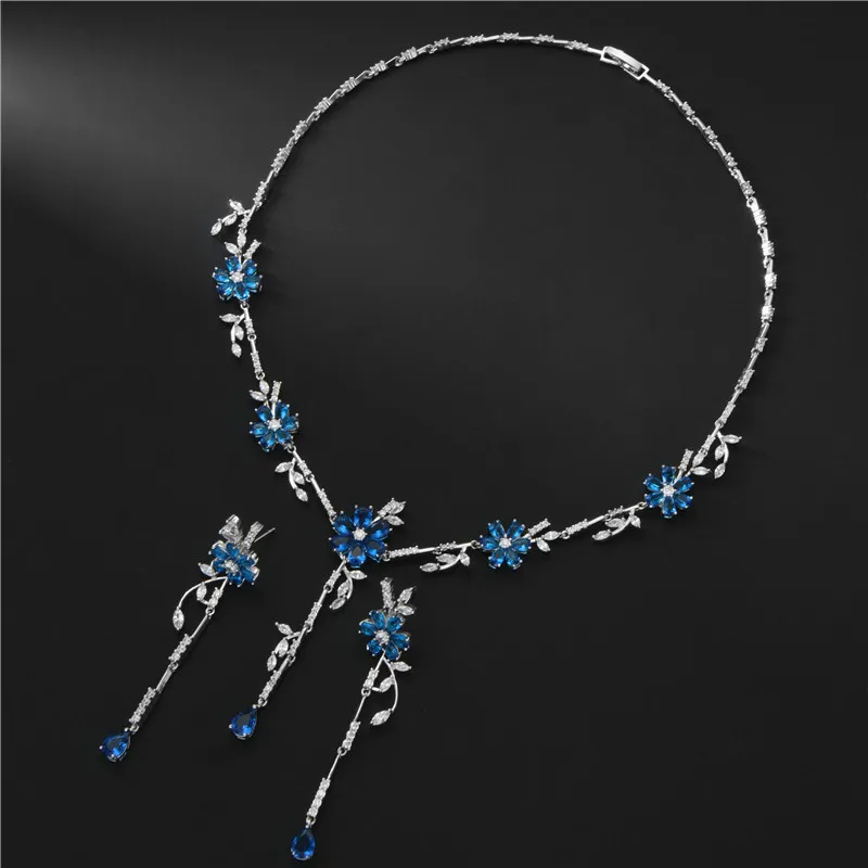 

Luxury Flower Long Pendant Necklace Drop Earrings Sets Blue Green Red White CZ Floral Tassel Wedding Jewelry Sets Accessories