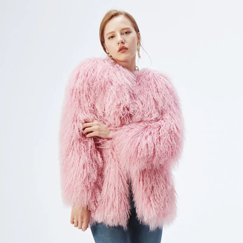 Women's Mongolia Lamb Fur Coat Tibet Sheep Fur Overcoat Lady Short Warm Sheep Skin Jacket Sheep Fur Real Fur Mid-length Outwear