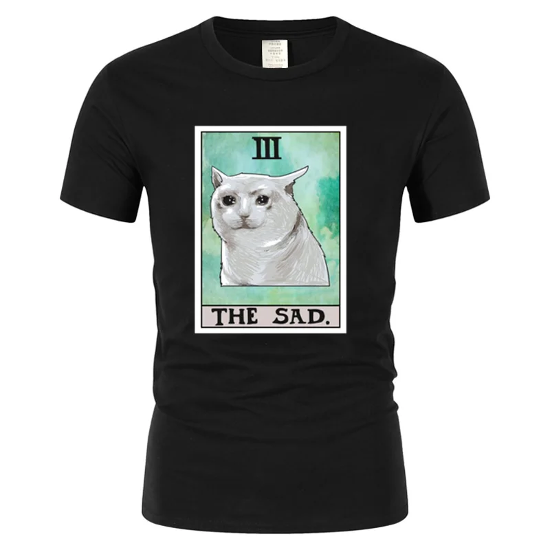 

The Sad Cat Tarot Card Funny Meme Cotton Tops & Tees for Men Customized Tshirts Europe Funny Casual Men T-shirt