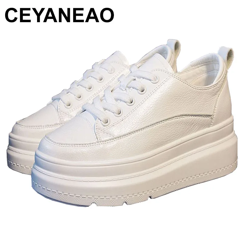 

Genuine Leather White Casual Shoes Women Platform Sneaker Black Vulcanized Shoe Summer Comfortable Flats Woman Internal