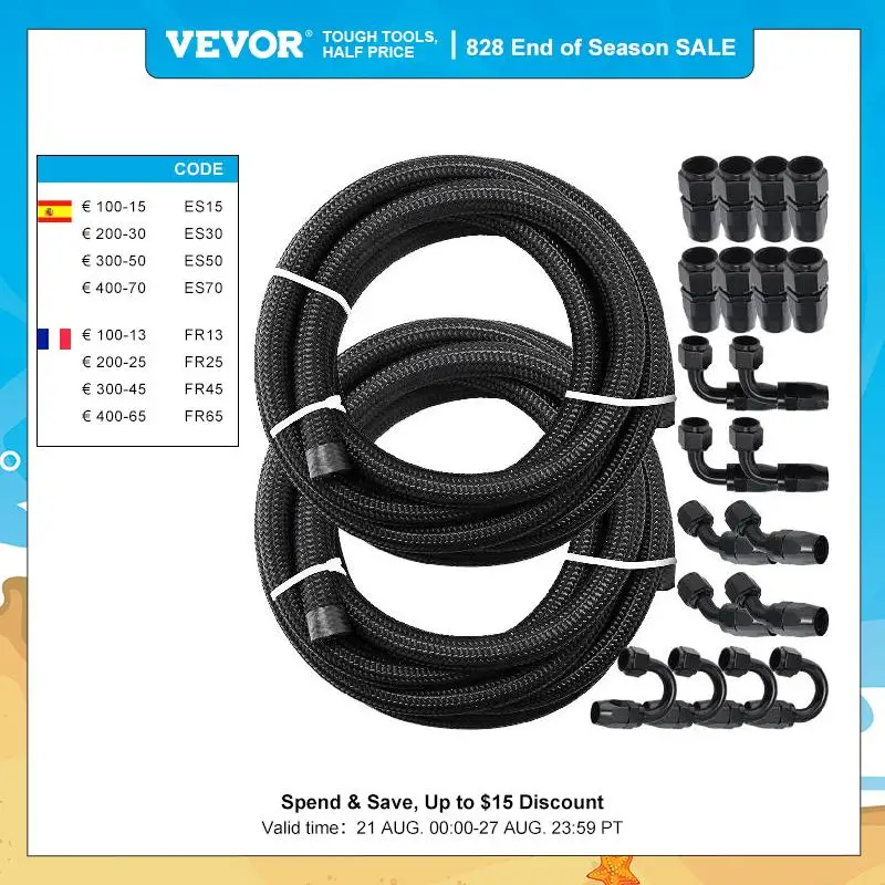 VEVOR 6 / 8 AN 32.8 FT Steel Nylon Braided Oil Fuel Hose Line Kit 20 PCS Hose End 1000 PSI Burst Pressure Aluminum Adapter Tool
