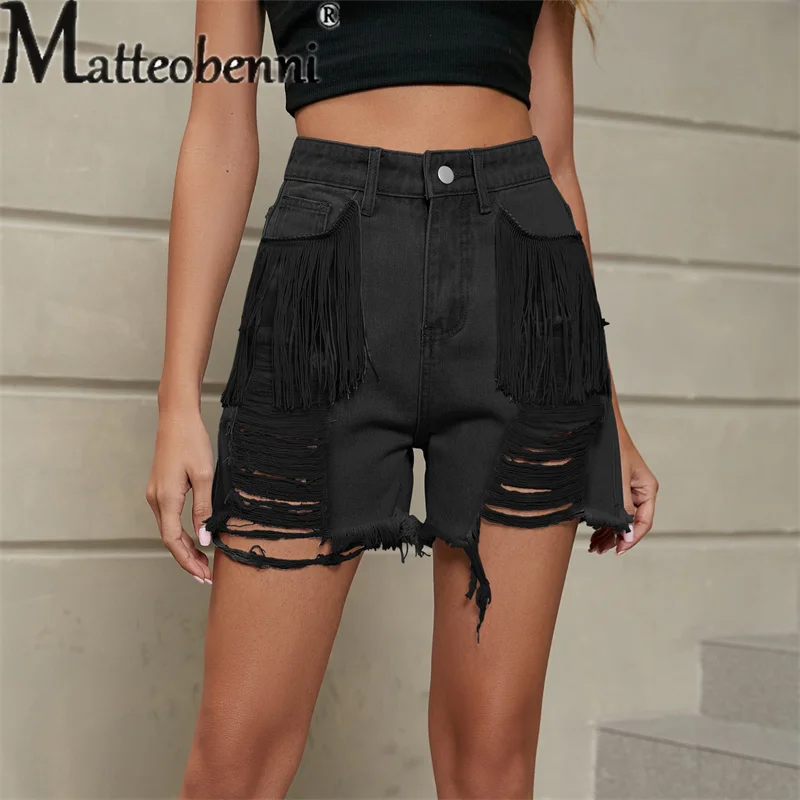 2023 Fashion Broken Holes Splicing Tassel Denim Shorts Women's Mid-waist Button Casual Straight Three-quarter Pants Female Jeans