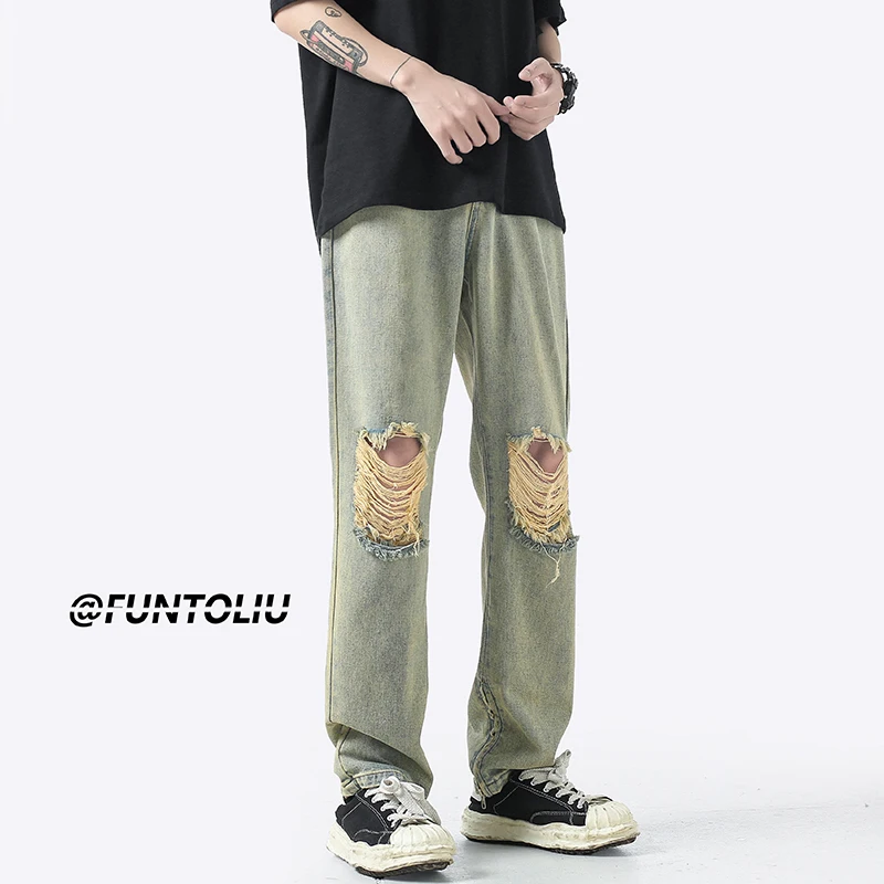 Summer 3 Color Ripped Baggy Jeans Men's Fashion Casual Hole Straight Jeans Streetwear Hip Hop Loose Denim Pants Mens Trousers