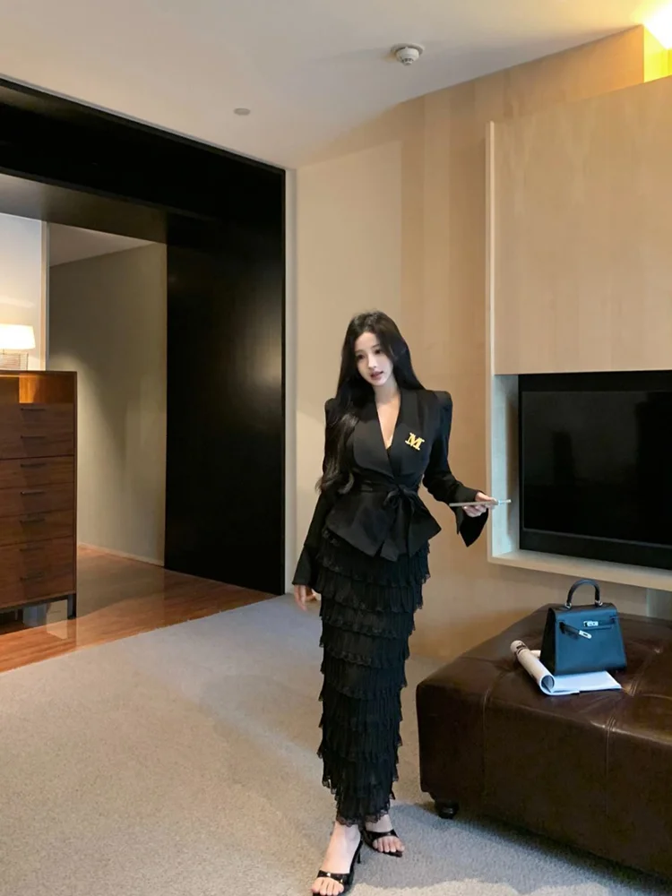 Qiake Girl ~ Женский черный топ с лацканами High Sense осень 2023 шикарный нестандартной