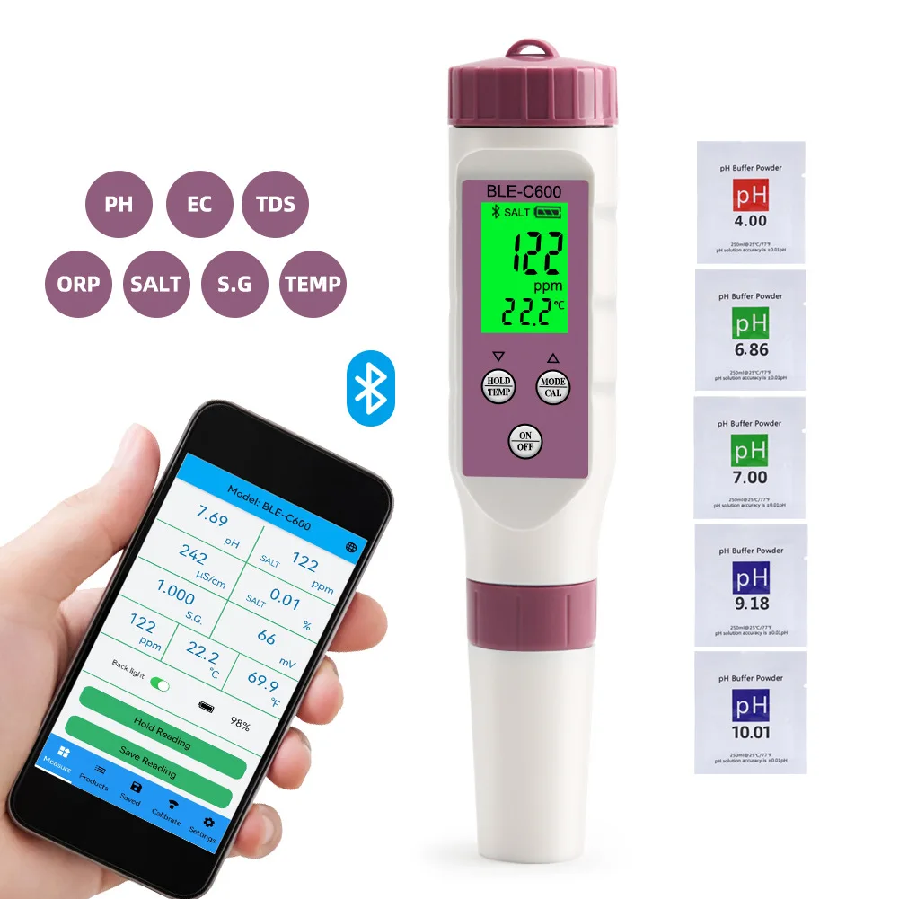 

7 in 1 Temp ORP EC TDS Salinity S.G PH Meter Online Blue Tooth Water Quality Tester APP Control for Drinking Laboratory Aquarium
