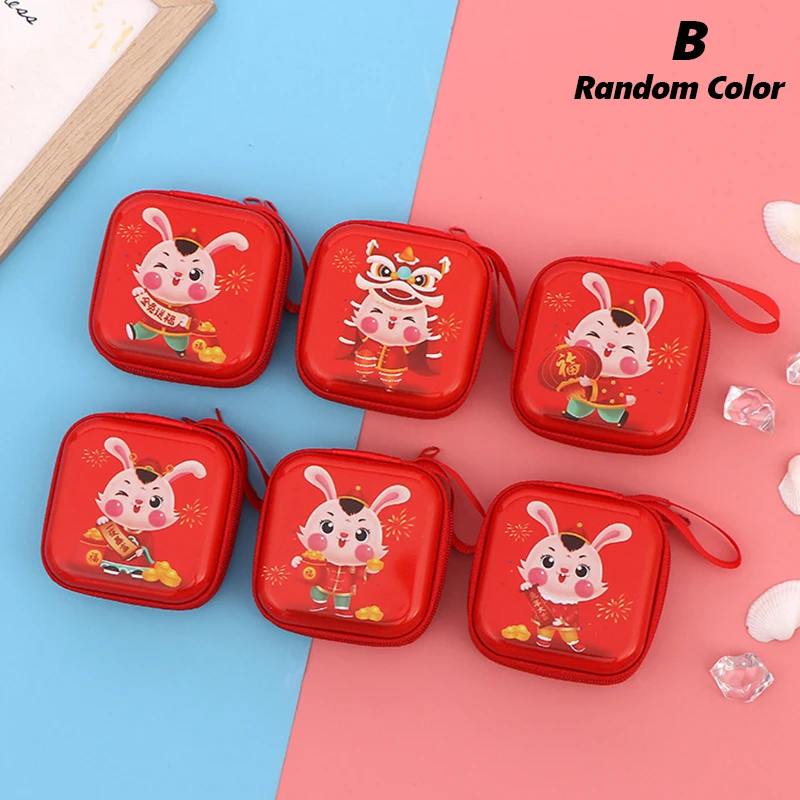 

1PC Year Of The Rabbit Tinplate Coin Purse Animal Round Square Headphone Bag Cartoon Children Coin Gift Storage Box Random Style