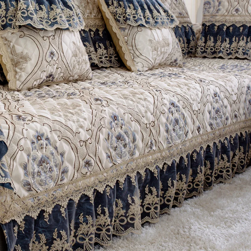 

High-end Luxury Sofa Sets Cover Sofa Blue Jacquard Lace Sofa Slipcovers Cotton Linen Sectional Couch Covers Lace Towel Case Sofa