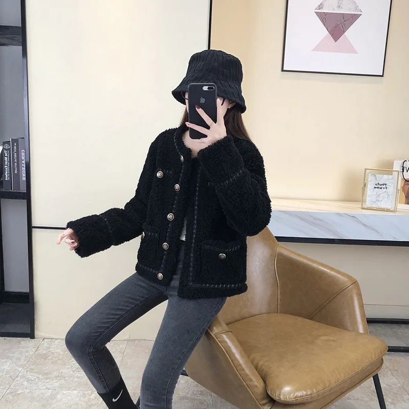 

Women Winter Real Lamb Fur Coat Single Breasted Fashion Sheep Shearling Jacket Ladies Thick Warm Casual Wool Outerwear E633