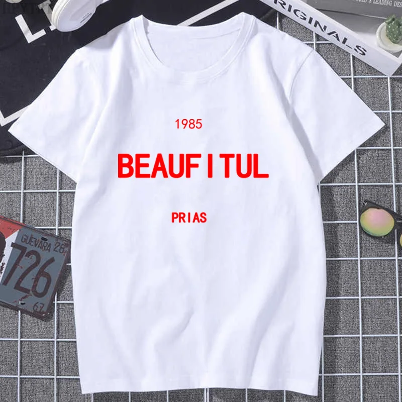 

Fashion Woman Blouses 2022 BEAUFITUL PRIAS 1985 letter Printed pure cotton T-shirt Harajuku Couple loose casual short sleeve Top