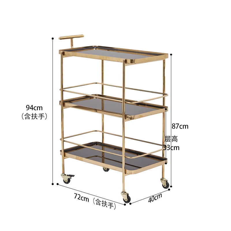 

Customized stainless steel dining car golden luxury three-story heightening trolley restaurant hotel tea cart
