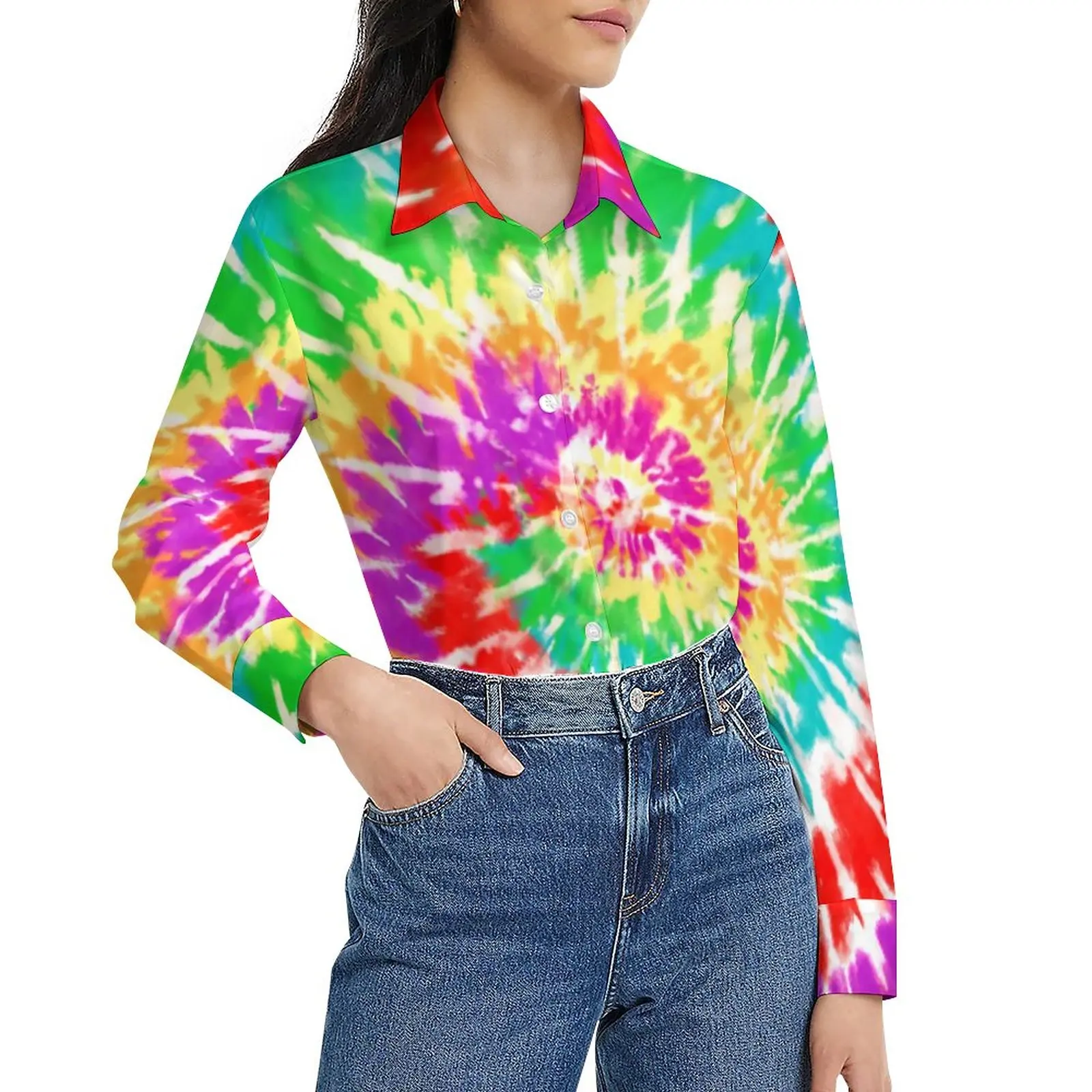 

Tie Dye Print Blouse Woman Abstract Rainbow Street Style Loose Blouses Long Sleeve Pretty Shirts Printed Tops Big Size 2XL 3XL