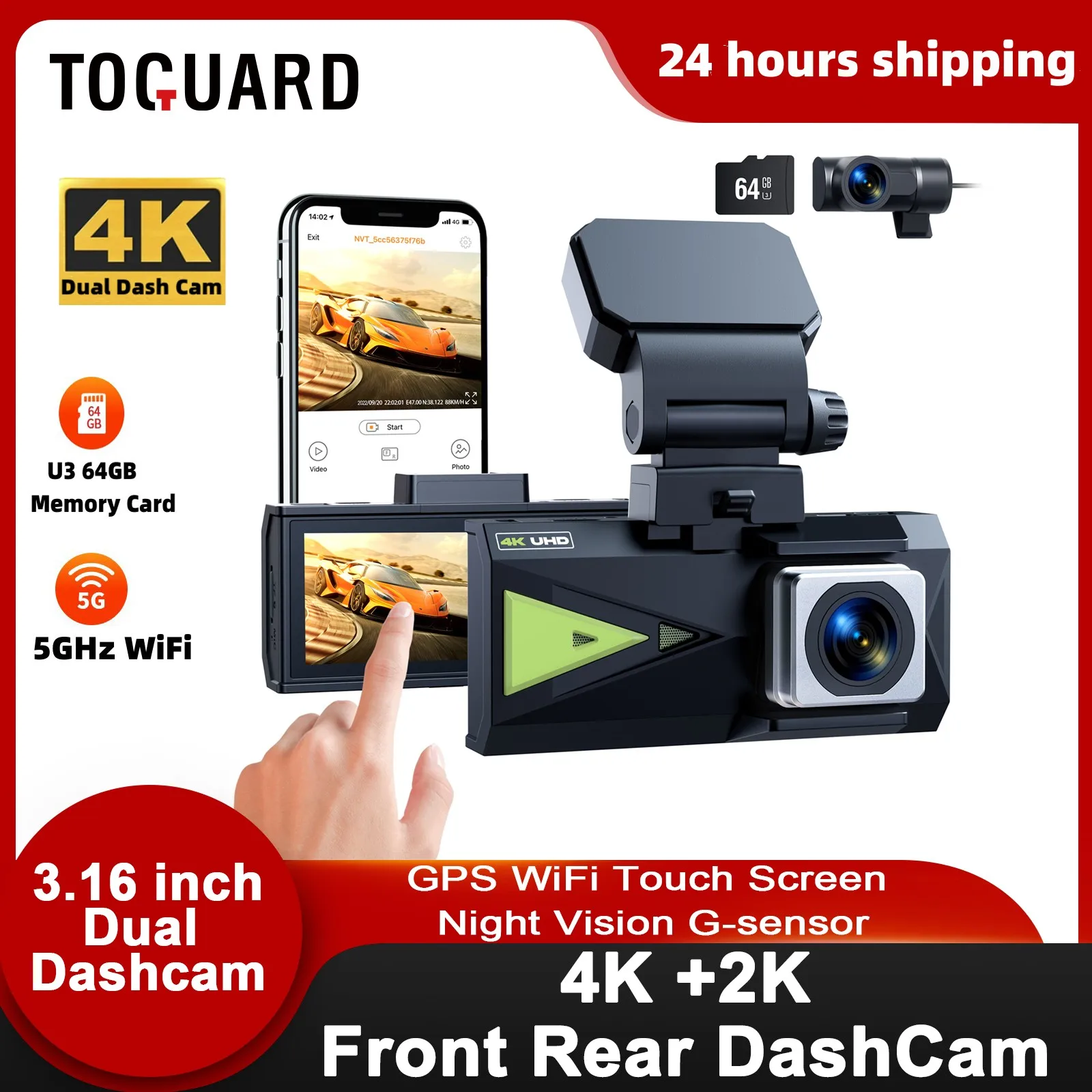 

TOGUARD 2 Lens Dash Cam 4K Front and 2K Rear 5Ghz WiFi i Video Recorder Type-C port GPS Car DVR Touch Screen Night Vision