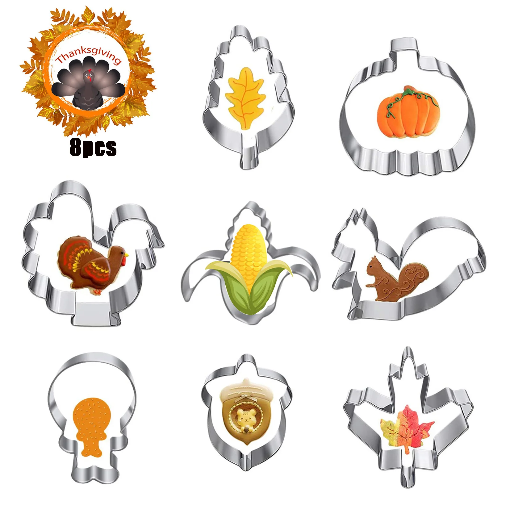 

8pcs Thanksgiving cookie cutter mold Christmas Turkey Squirrel Stainless Steel Biscuit Baking Mold Cake Decorating Pastry Mould