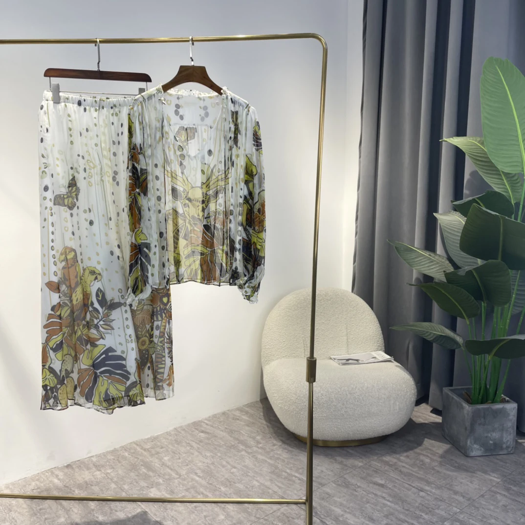 

Casual Matching Summer Woman Set 2022 Top Quality Real Silk Animals Botanical Printing Loose Blouse Elastic Waist Skirt