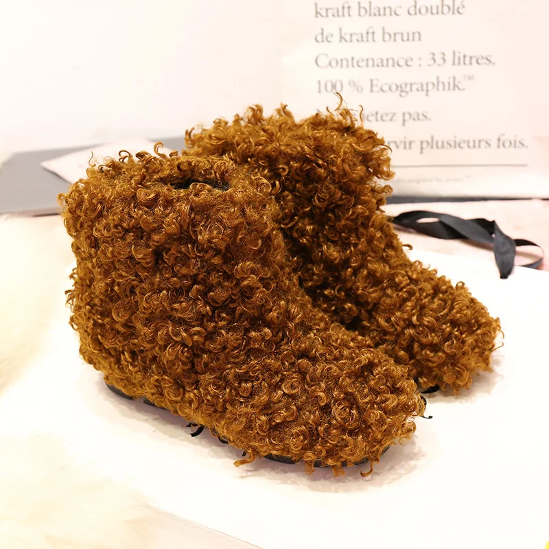 

New Winter Lamb Wool Curly Snow Boots Women's Flat Bottom Anti-skid Thickened Warm Wool Shoes Women's Boots Slope Heel