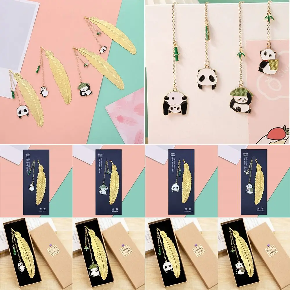 

Feather Panda Bookmark Cute Golden Metal Book Page Markers Double Pendant Pagination Mark School Office
