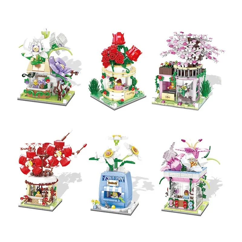 

Bouquet Street View Shop 3D Model Building Blocks Cherry Blossom Plum Blossom Rose DIY Assembled Bricks Kid Educational Toy Gift