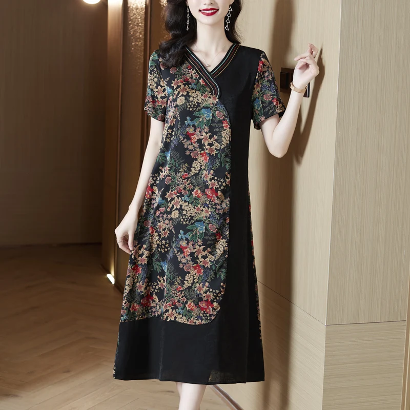 

Женское шелковое платье с принтом, свободное Повседневное платье до колена с V-образным вырезом и коротким рукавом, весна 2023