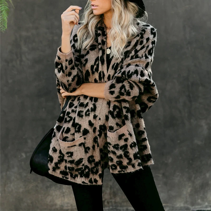 

Women Boho Holiday Slim Knitted Cardigans 2021 Pockets Leopard Winter Coat Long Cardigan Knitwear New Clothing Sweaters Female